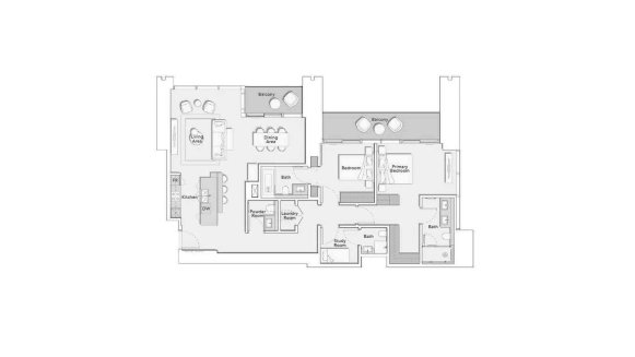 Apartment floor plan, 2 bedrooms in ONE RIVER POINT No. 11023 (2D)